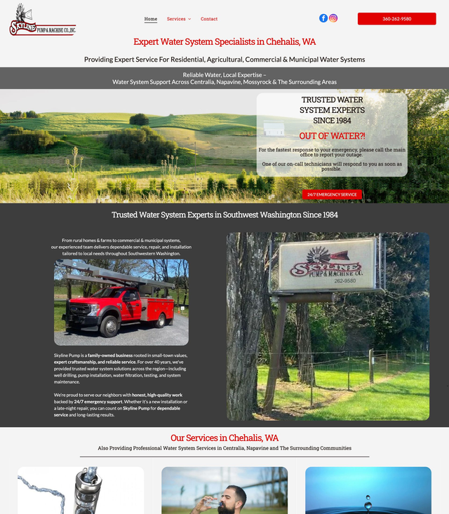 Website design for Skyline Pump featuring well pump, water treatment, and water system services