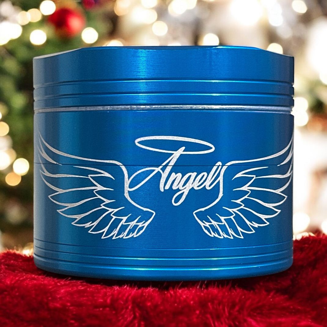 A blue container with the word angels on it