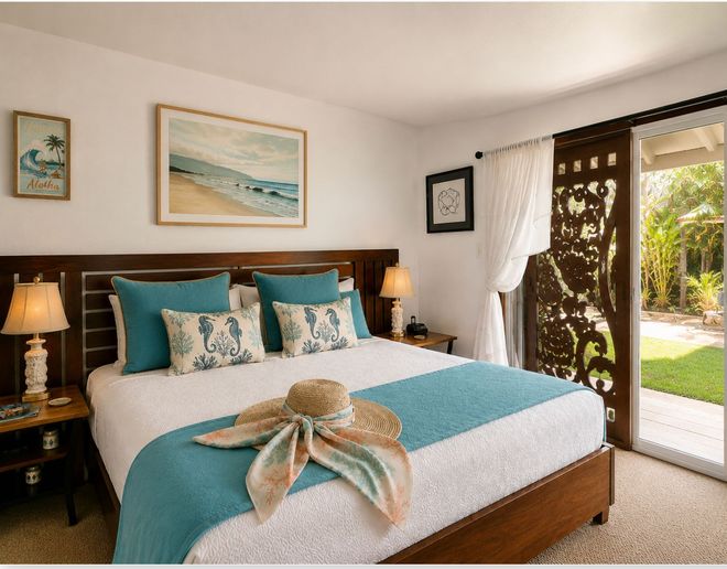 Bright bedroom with a bed, lamps, wall art, and a sliding glass door to a patio. Bright bedroom with a bed, lamps, wall art, and a sliding glass door to a patio.