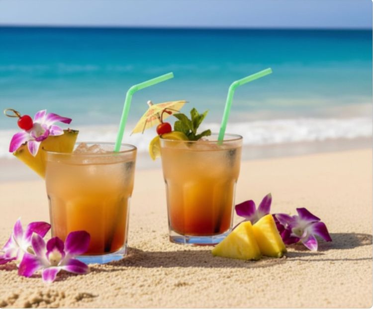 Two tropical drinks with straws and flowers on a sandy beach by the ocean Two tropical drinks with straws and flowers on a sandy beach by the ocean