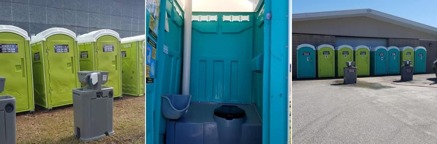 A collage showing green portable toilets outdoors, an interior view of a blue portable unit, and a row of outdoor toilets.