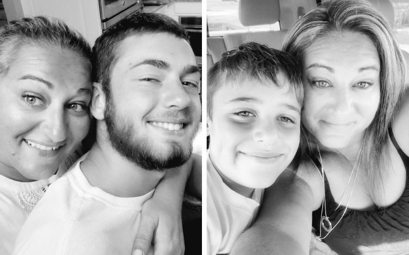 A split-screen, black-and-white photo showing a woman posing closely with an older young man and a younger boy.