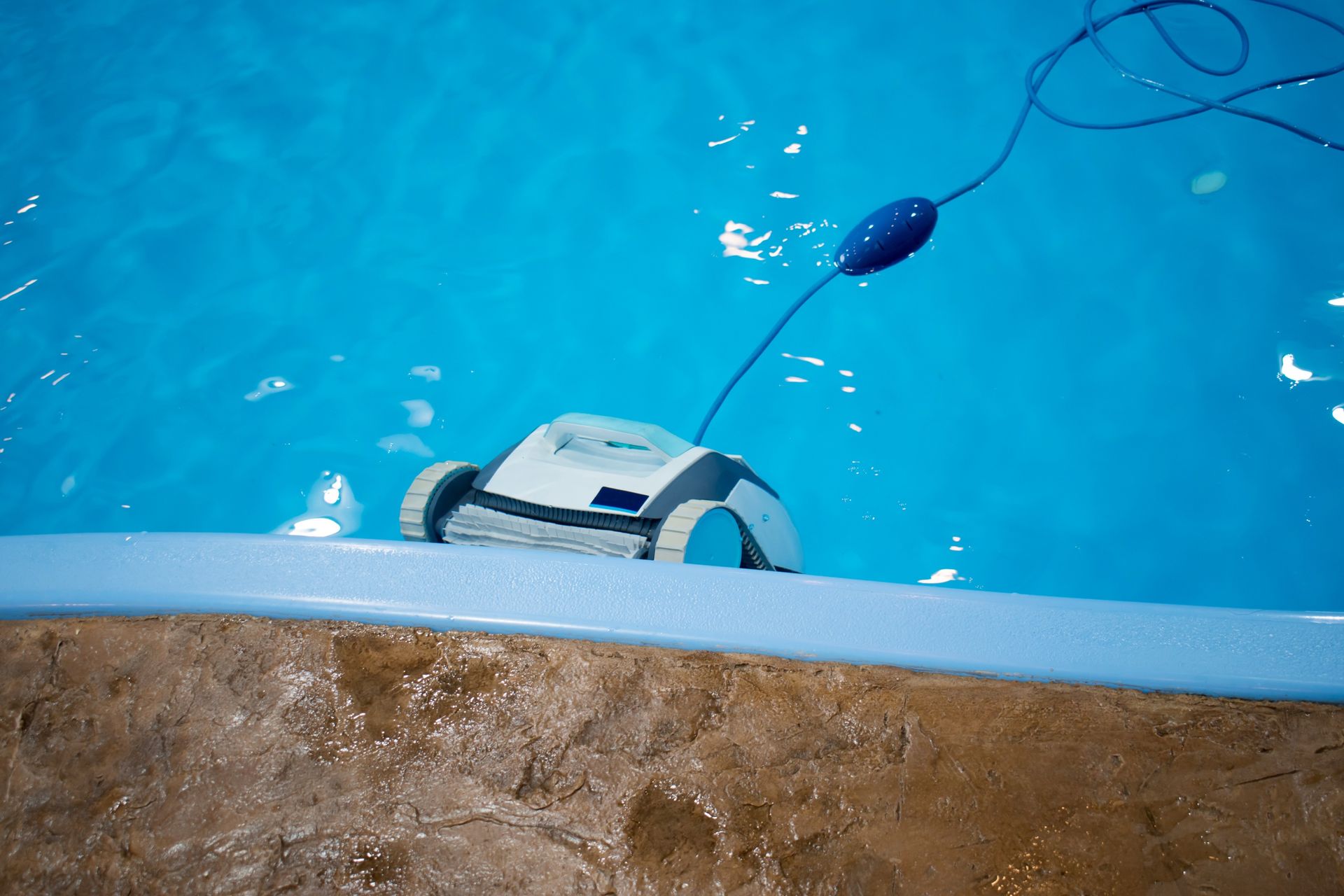 A white and grey robotic pool cleaner climbs the wall of a bright blue swimming pool.