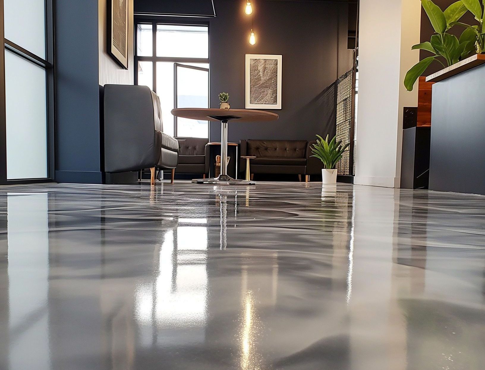 A living room with a table and chairs and a shiny floor.