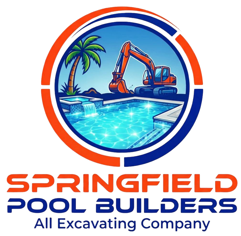 Springfield Pool Builders logo with excavator beside a blue swimming pool and palm tree, orange and blue text