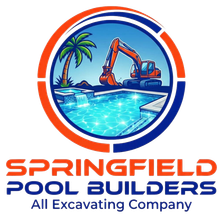 Springfield Pool Builders logo with excavator beside a blue swimming pool and palm tree, orange and blue text
