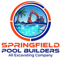 Springfield Pool Builders logo with pool, palm tree, and excavator in blue and orange