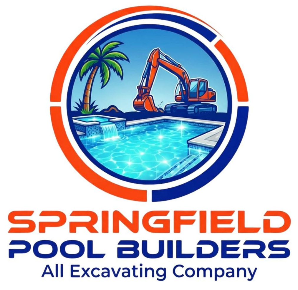 Springfield Pool Builders logo with pool, palm tree, and excavator in blue and orange