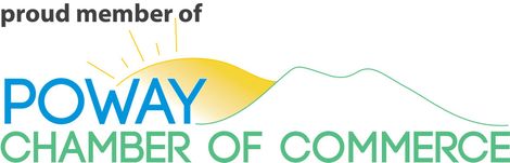 Proud member of Poway Chamber of Commerce logo with blue and green text and yellow-green wave Proud member of Poway Chamber of Commerce logo with blue and green text and yellow-green wave