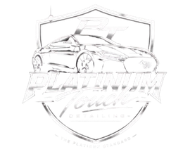 White logo of a sports car over a shield with the word “PLATINUM” and cursive text below