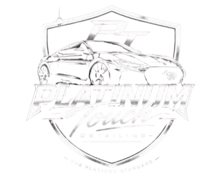 White logo of a sports car over a shield with the word “PLATINUM” and cursive text below