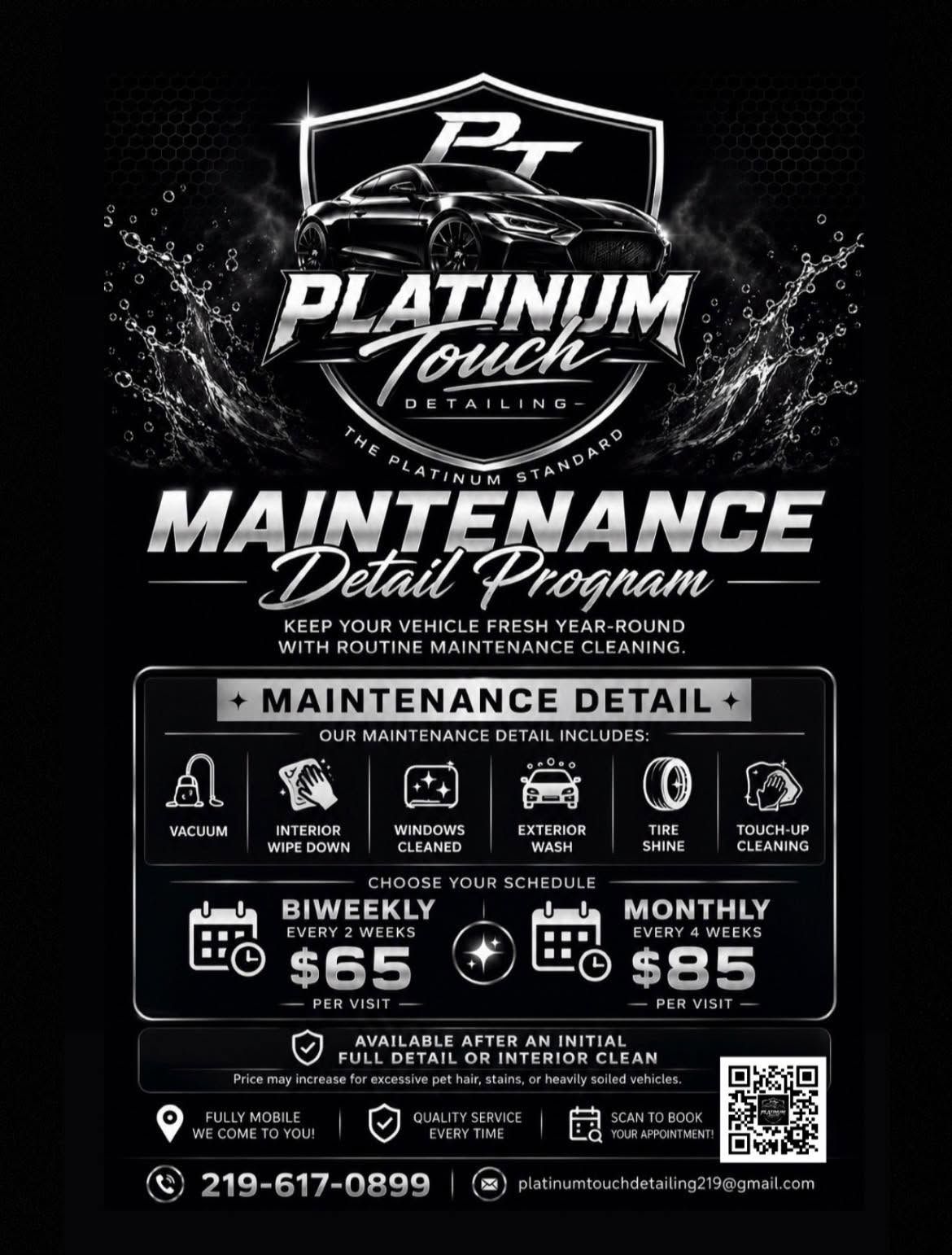 Black flyer for Platinum Touch Maintenance Detail Program with weekly and monthly pricing
