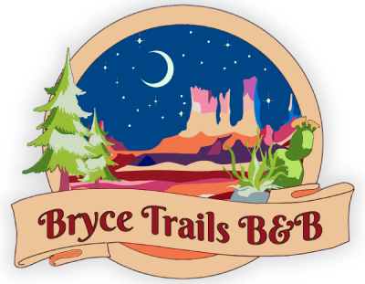 Bryce Trails B&B logo with moonlit desert landscape, trees, and red rock spires