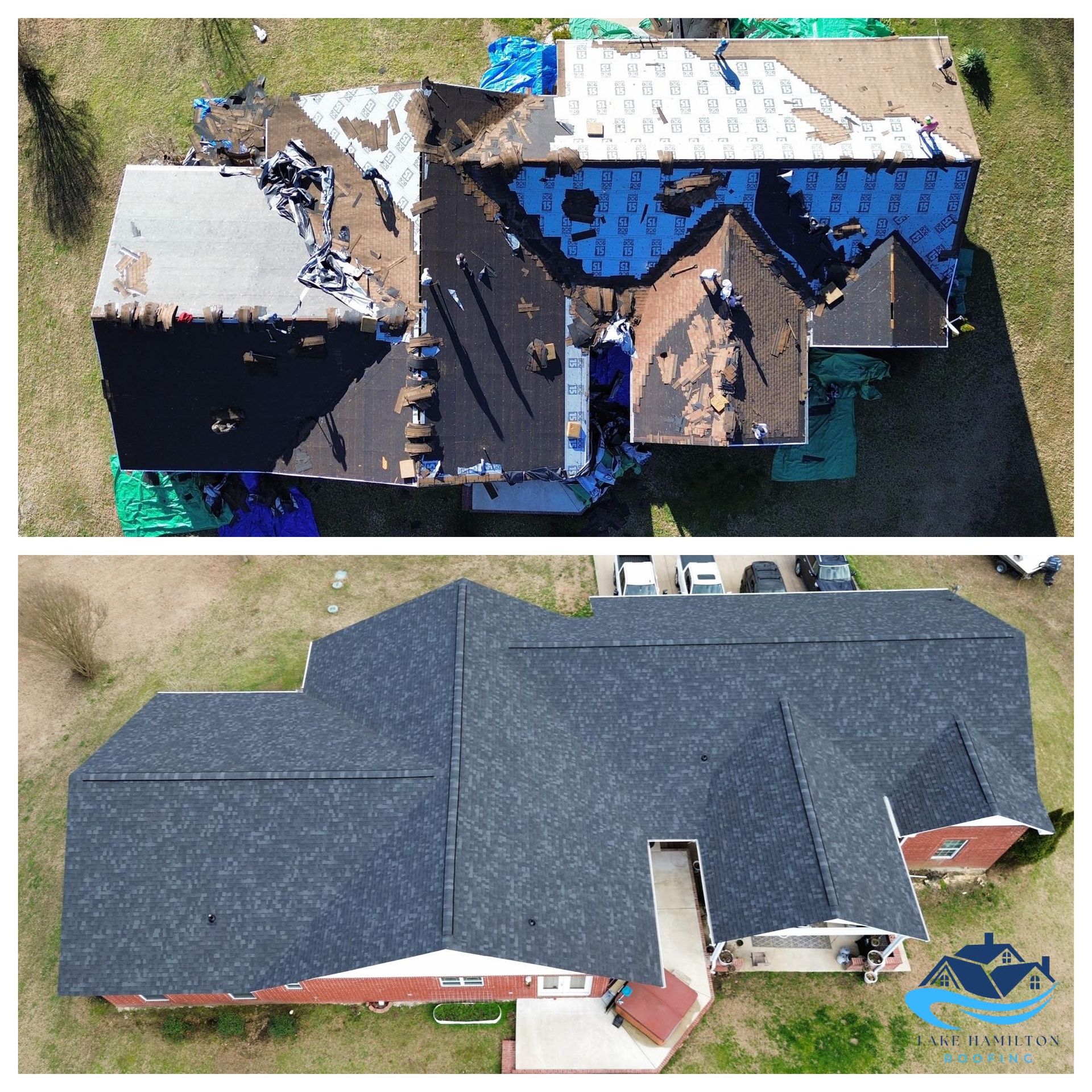 Top view of a house with a damaged roof being repaired, then fully replaced with dark shingles.