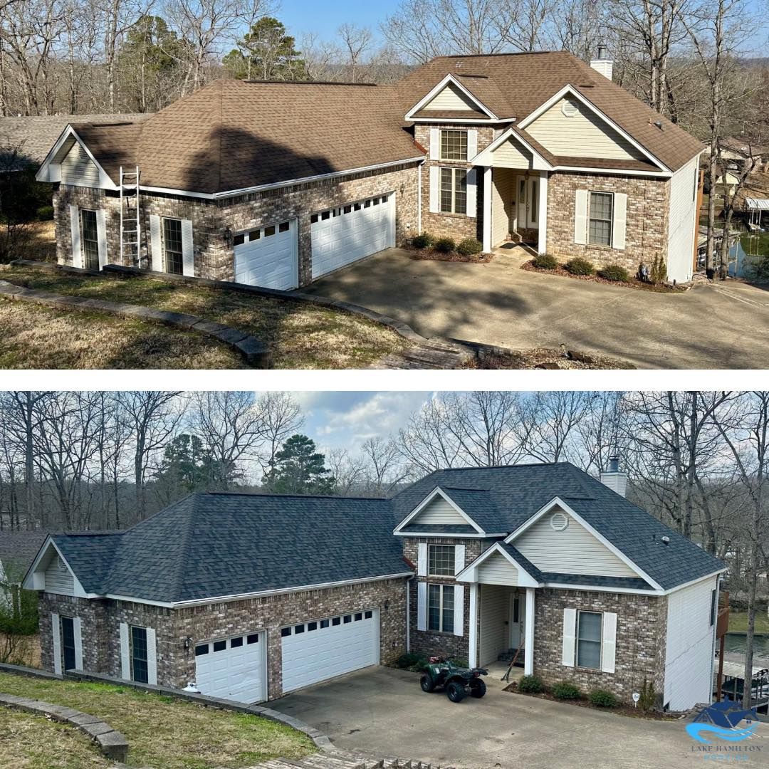 Two-part comparison: house with brown roof, then with gray roof. Brick and white accents.