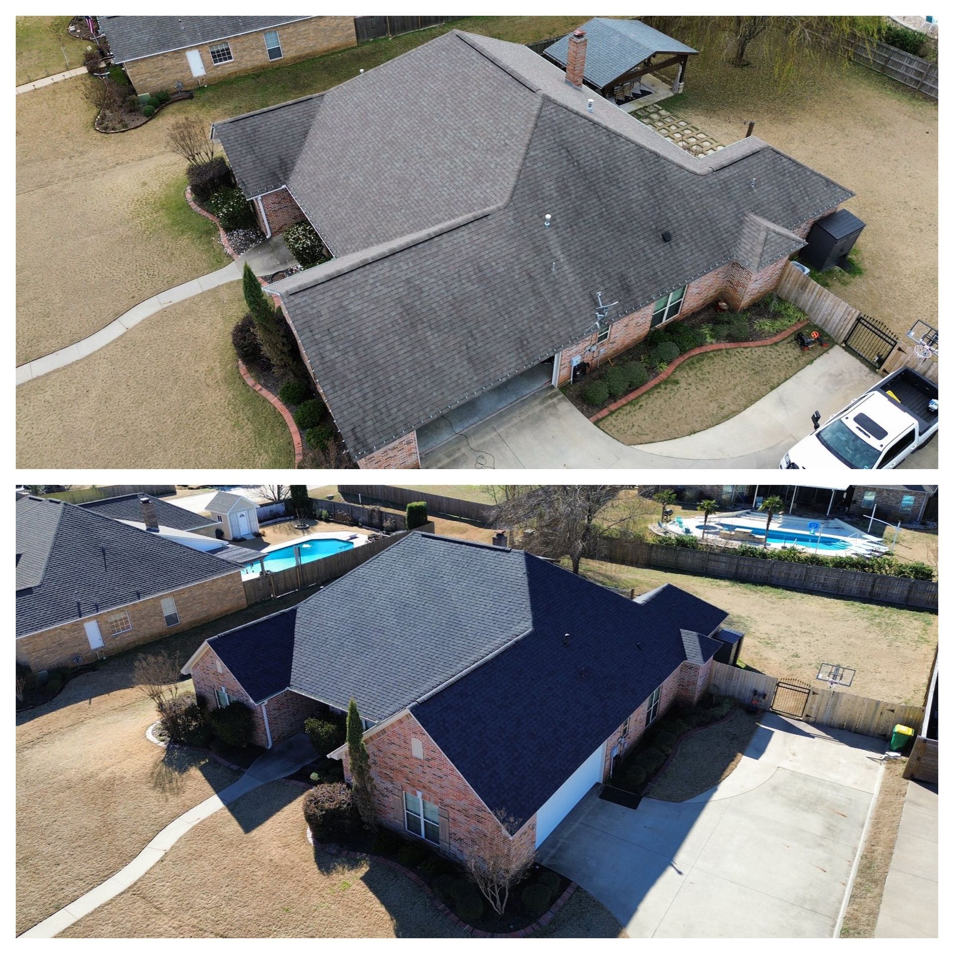 Top: Gray roof house. Bottom: Black roof house. Comparison of roofing.