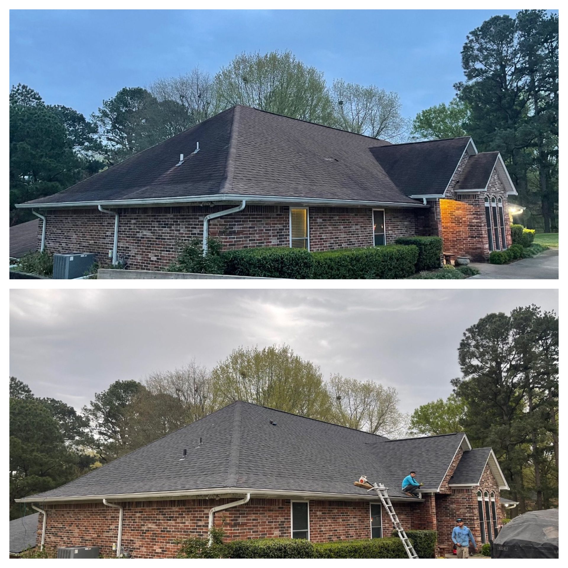 Top: before and bottom: after roof cleaning. Dark, moldy roof cleaned to reveal new gray shingles on brick house.