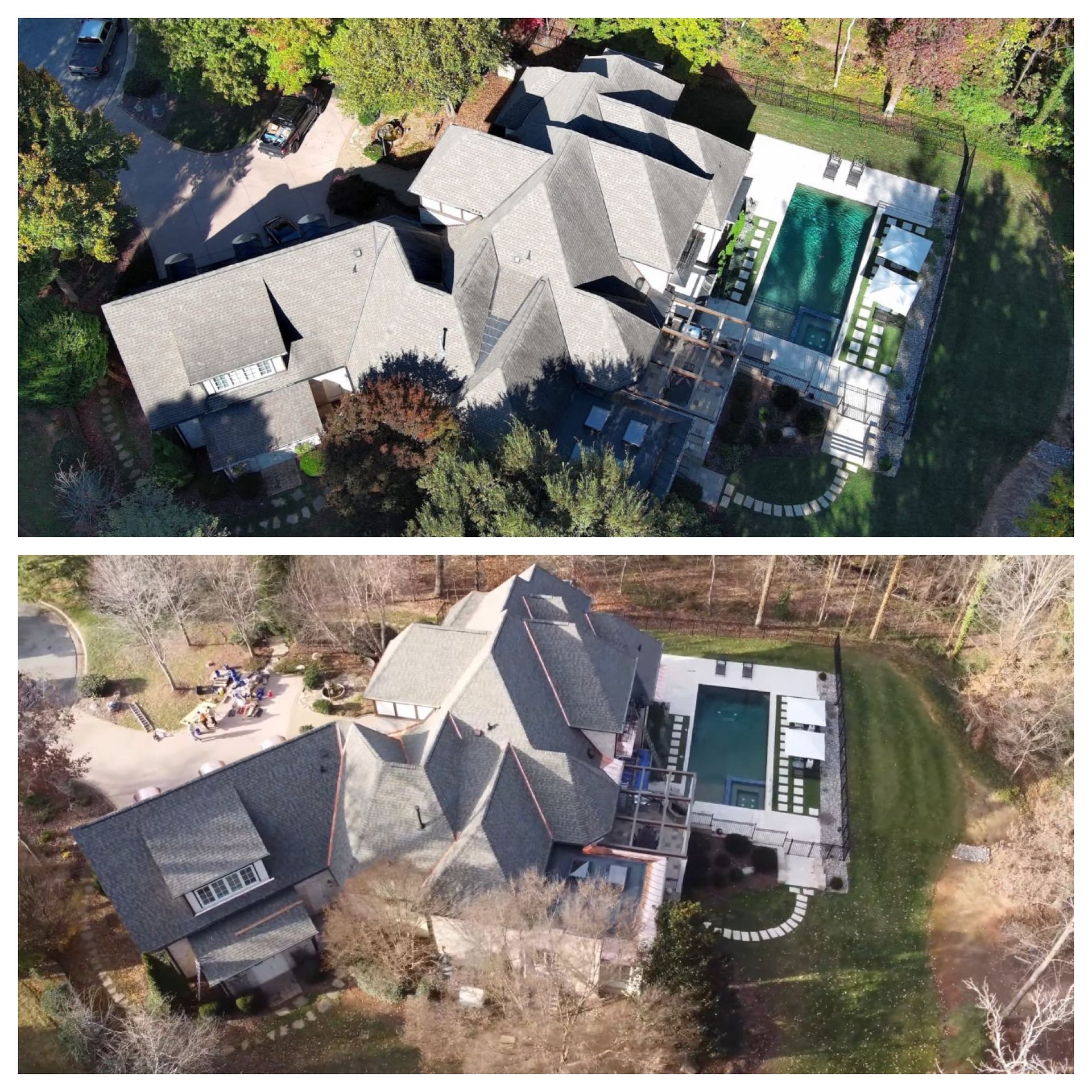 Two aerial views of a house with a pool; one in fall with trees and the other in winter with grass.