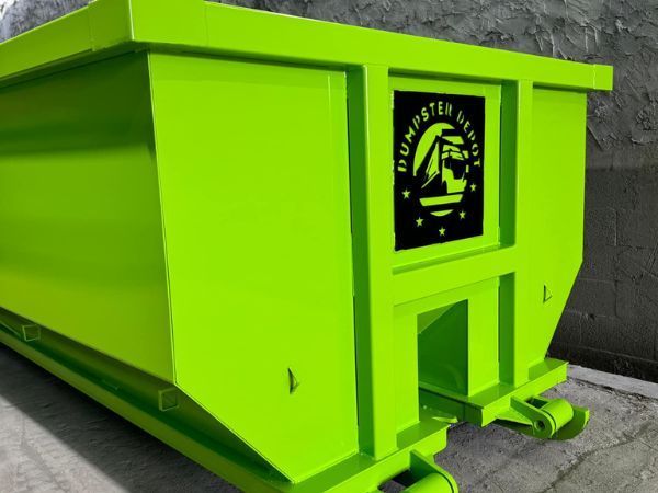 Neon green dumpster with black logo decal, shown outdoors on pavement.