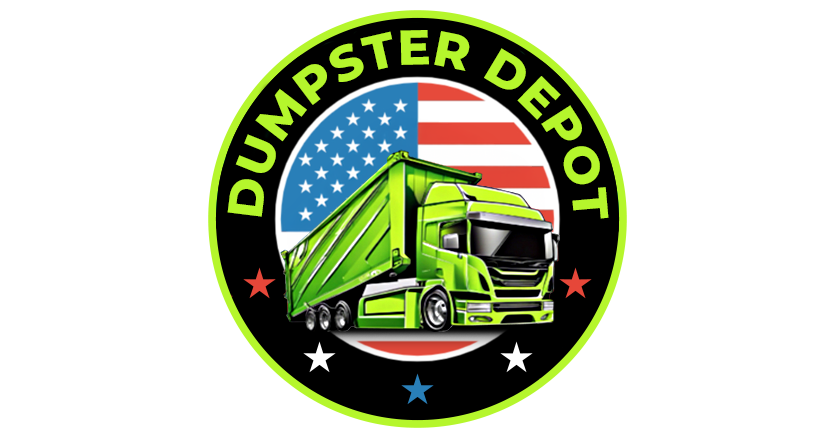 Dumpster Depot logo with green dump truck and American flag stars on a black circular badge
