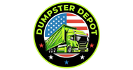 Dumpster Depot logo with green dump truck and American flag stars on a black circular badge