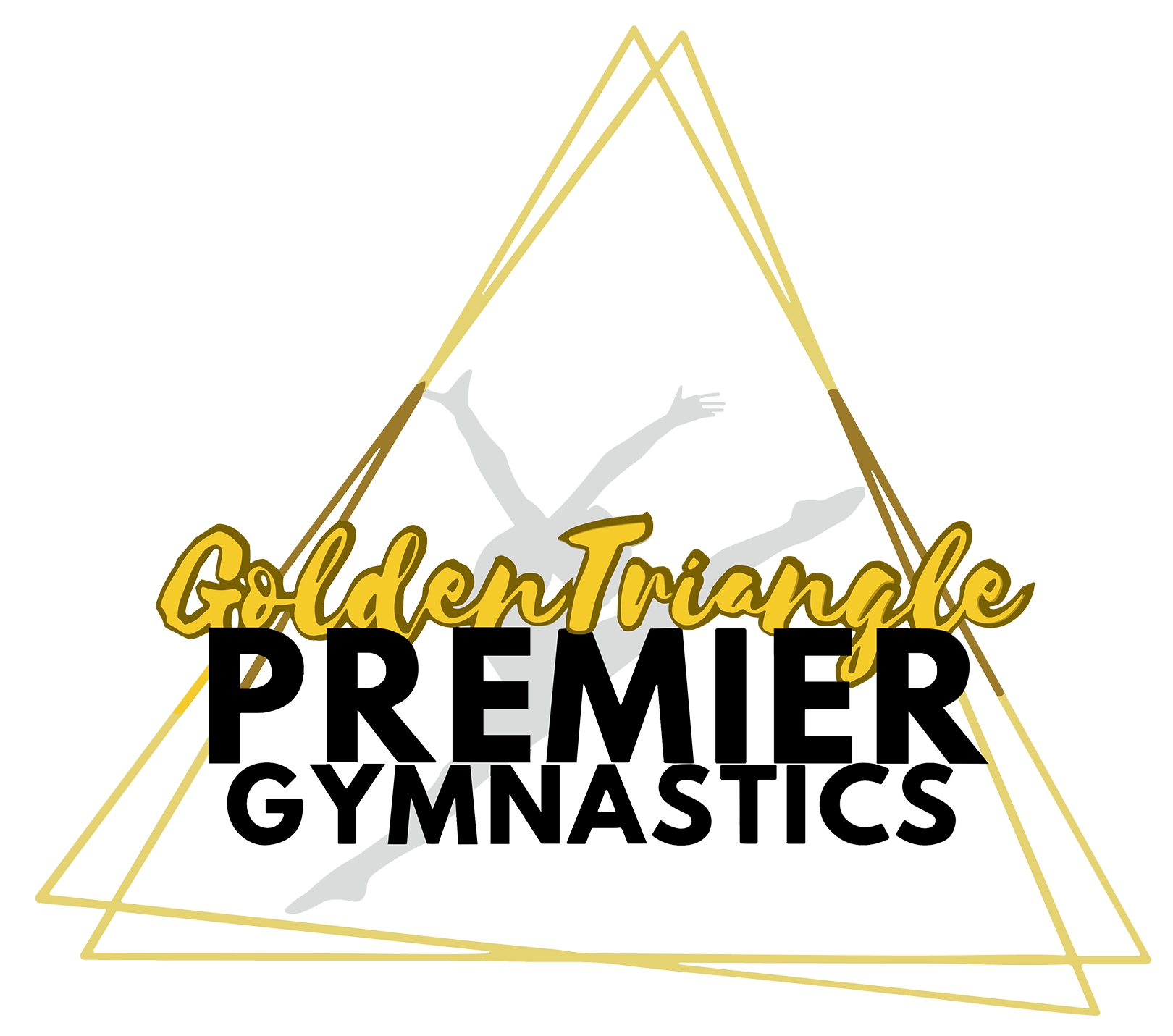 Golden Triangle Premier Gymnastics logo with gymnast silhouette inside a gold triangle.