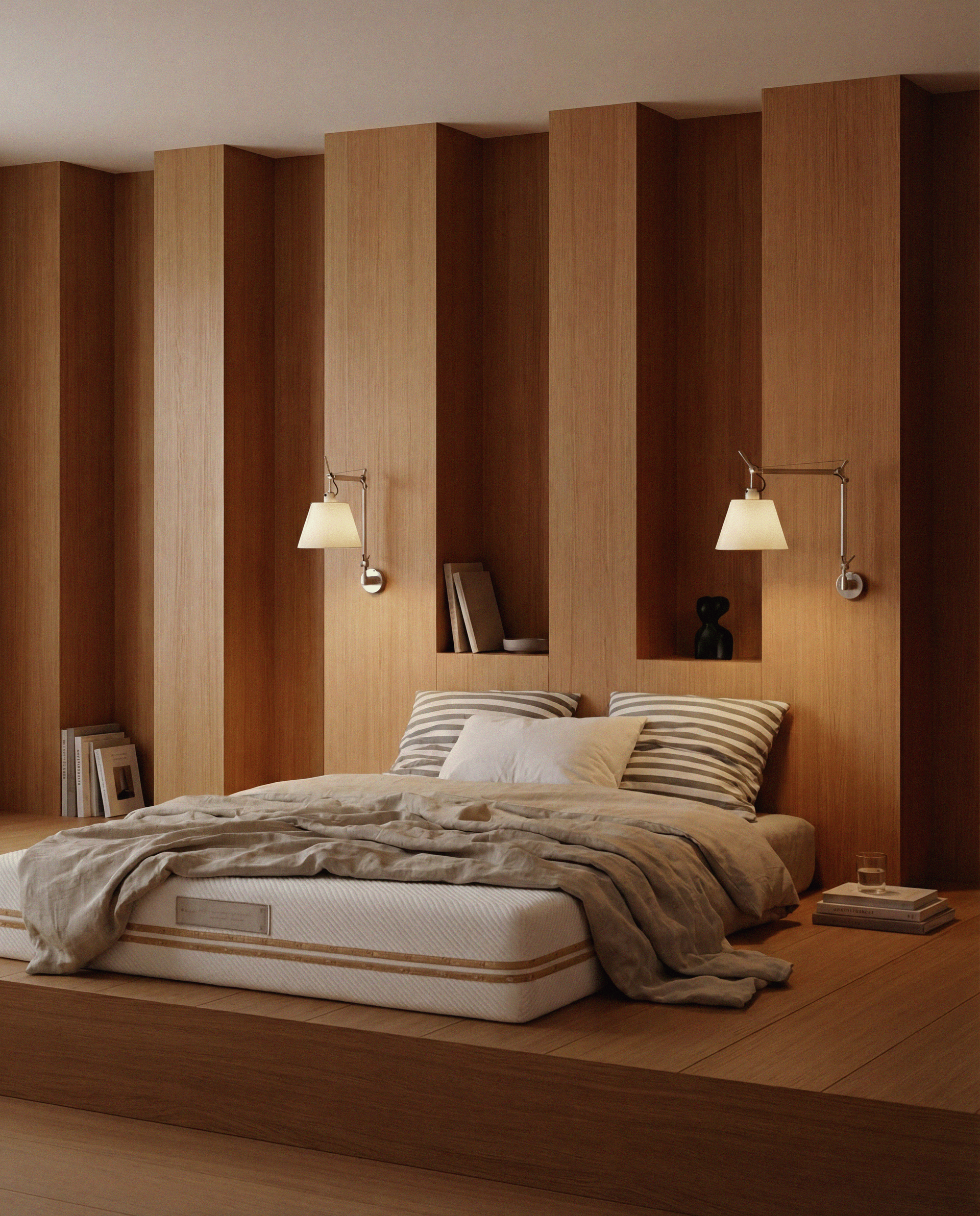 quarto contemporâneo decorado com cama persono e colchão de gama media
para descanso personalizado