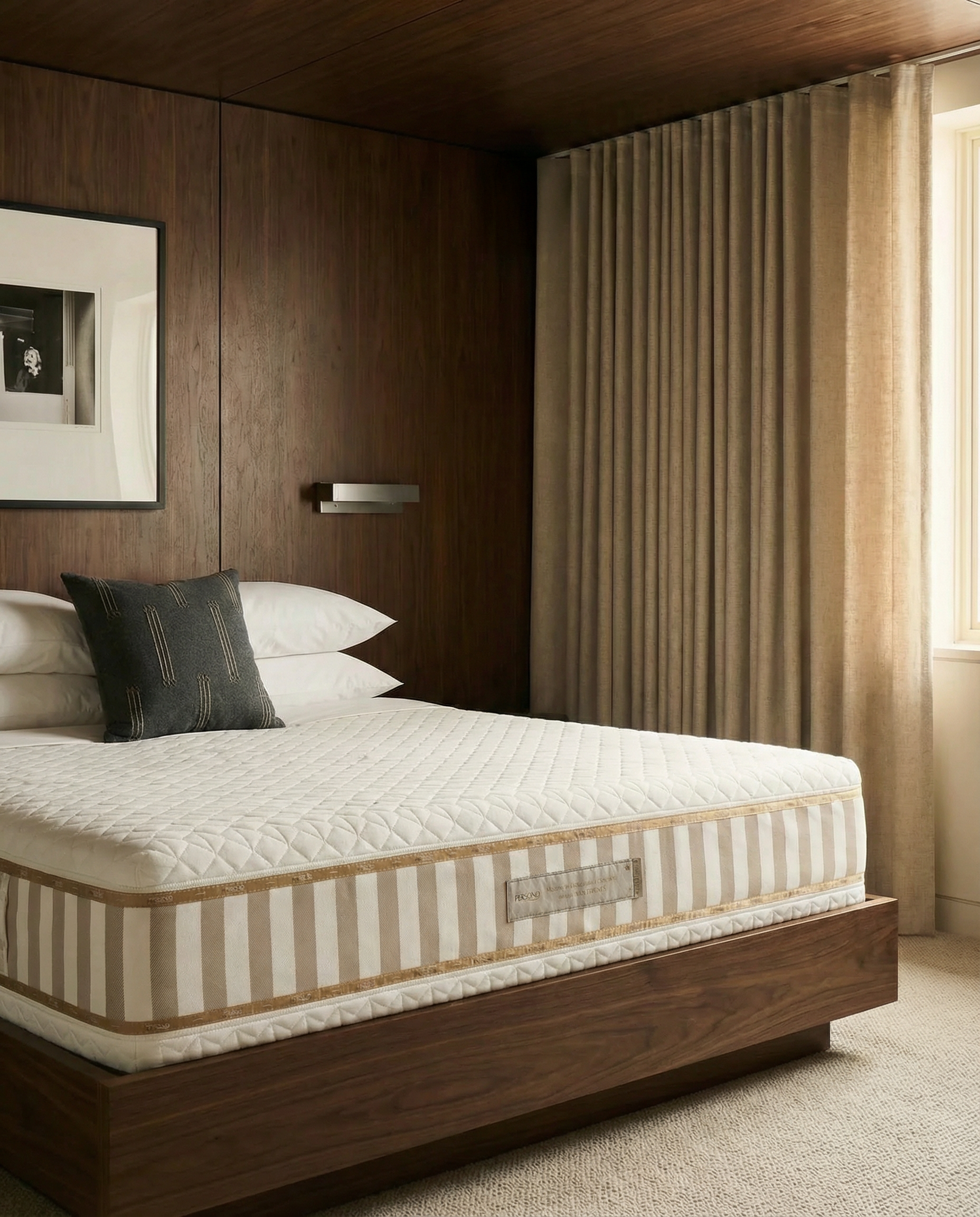 quarto contemporâneo decorado com cama persono e colchão de gama alta para descanso personalizado