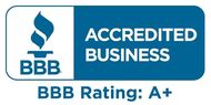 BBB Accredited Business badge with A+ rating in blue and white