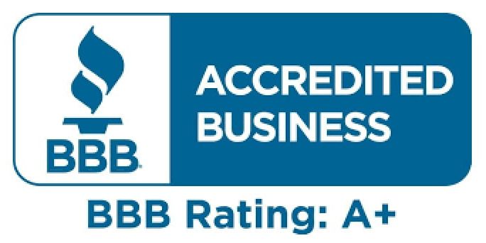 BBB Accredited Business badge with A+ rating in blue and white