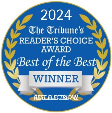 2024 The Tribune’s Reader’s Choice Award badge, blue and gold, “Best of the Best” winner, Best Electrician