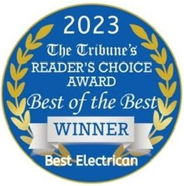 Blue award badge reading “2023 The Tribune’s Reader’s Choice Award Best of the Best Winner Best Electrician.”