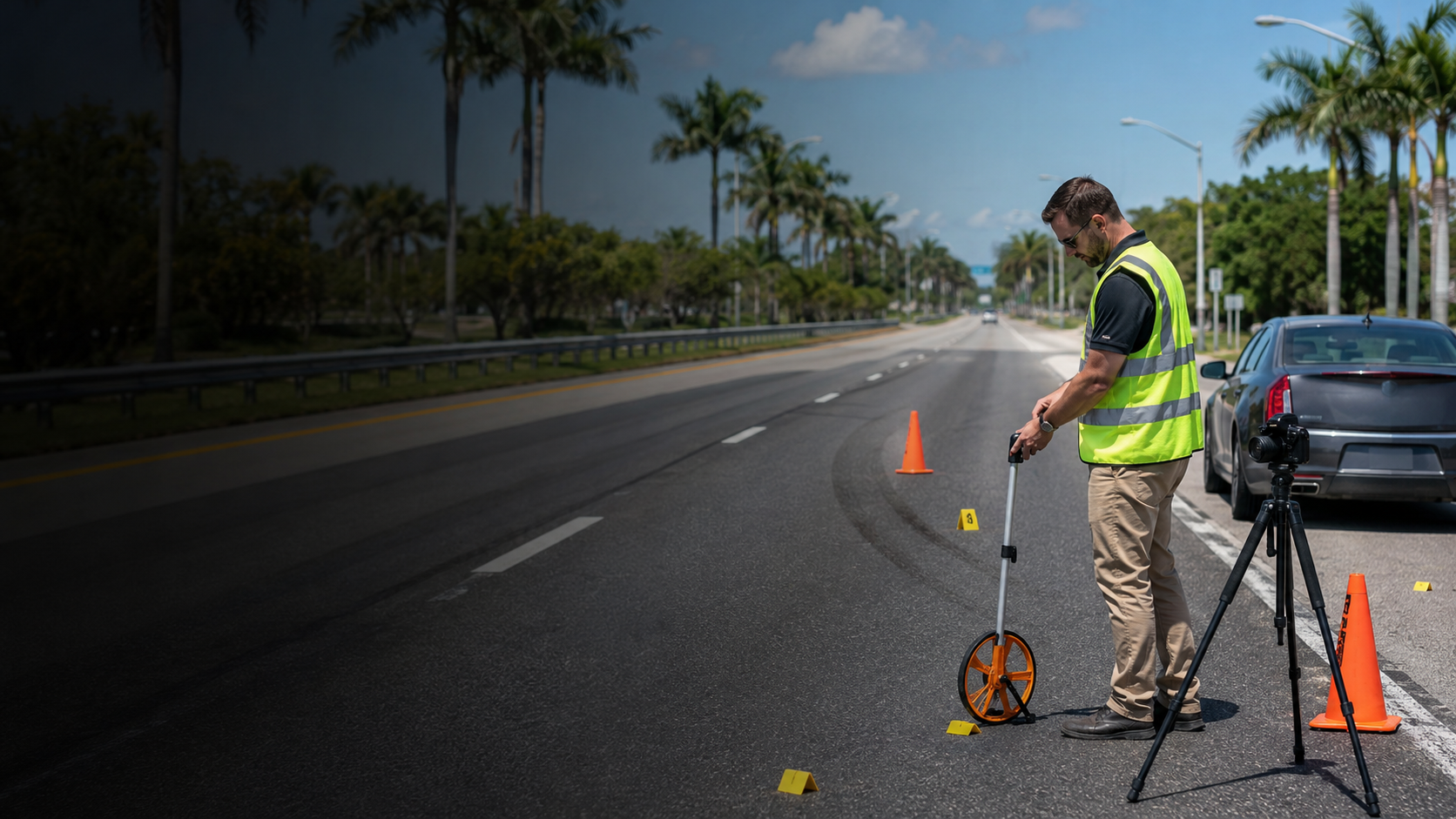 Accident reconstruction investigator measuring roadway evidence on a Florida street.