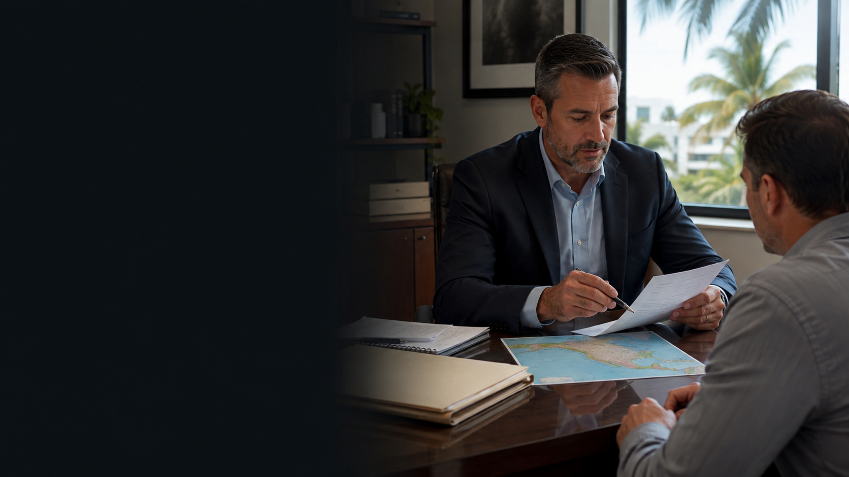 Private investigator reviewing documents with a client in a Florida office.