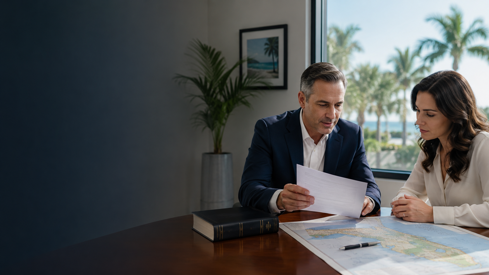 Private investigator discussing licensing documents with a client in a Florida office.