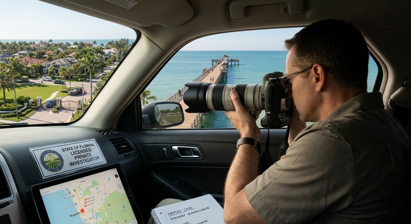 A licensed private investigator in Naples, FL, is conducting discreet surveillance from inside a vehicle, focusing a professional camera on a target area, such as a gated community near the ocean and a pier. An official Florida-licensed private investigator plaque is visible on the dashboard, alongside a tablet showing a map of Naples and a notebook titled 'Discreet Surveillance,' reinforcing professional and legal operations.