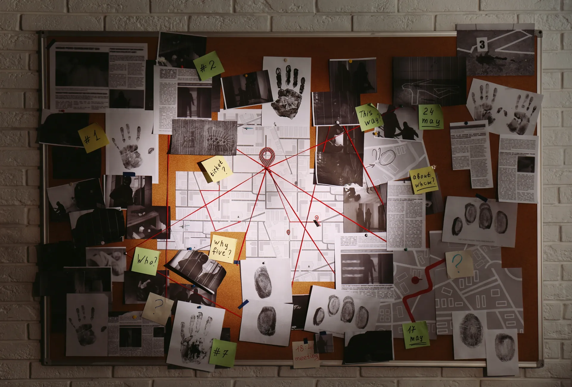 Investigative evidence board with maps, photos, and red string used for missing persons investigations in Florida.