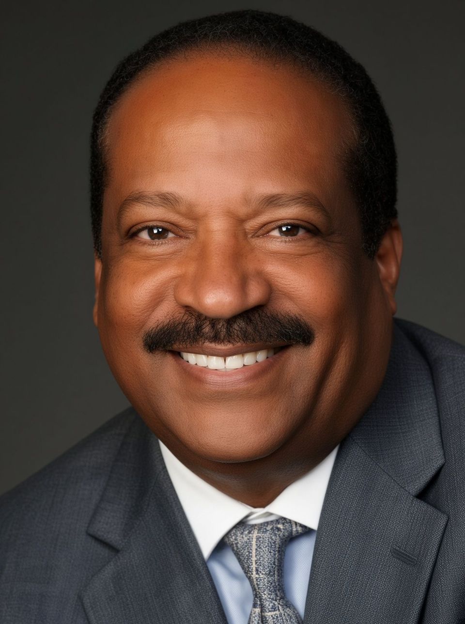 A professional headshot of Bill Perry, owner and investigator for W and W Solutions Inc. private investigators. He is a Black man with short black hair and a neat mustache, smiling warmly at the camera. He wears a grey textured suit jacket over a light blue shirt and a multi-colored patterned tie. The background is a dark grey gradient.