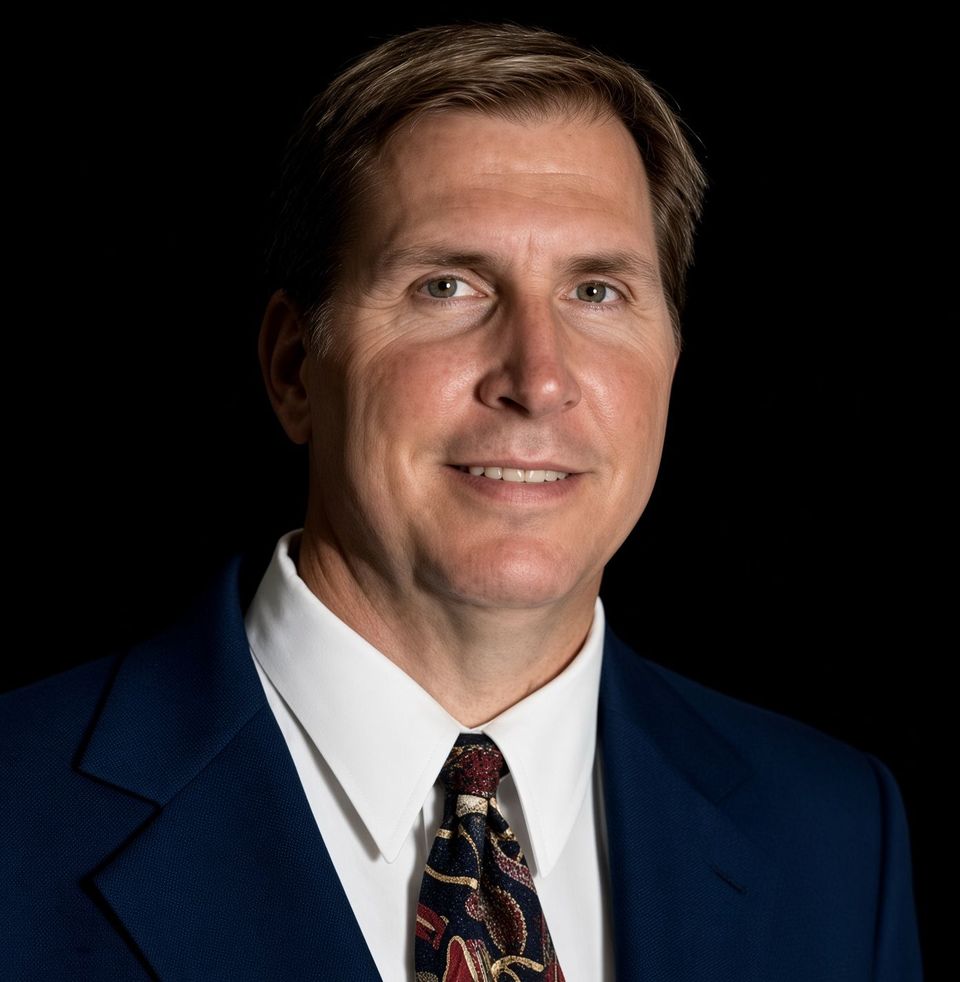 A professional headshot of William-Zariske, owner and investigator for W and W Solutions Inc. private investigators. He is a white man with short brown hair, smiling directly at the camera. He wears a dark blue blazer over a crisp white collared shirt and a complex, patterned silk tie. The background is solid black.