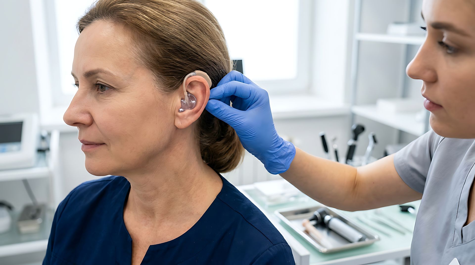 Audiologist fitting a modern hearing aid device into the ear of a mature female patient