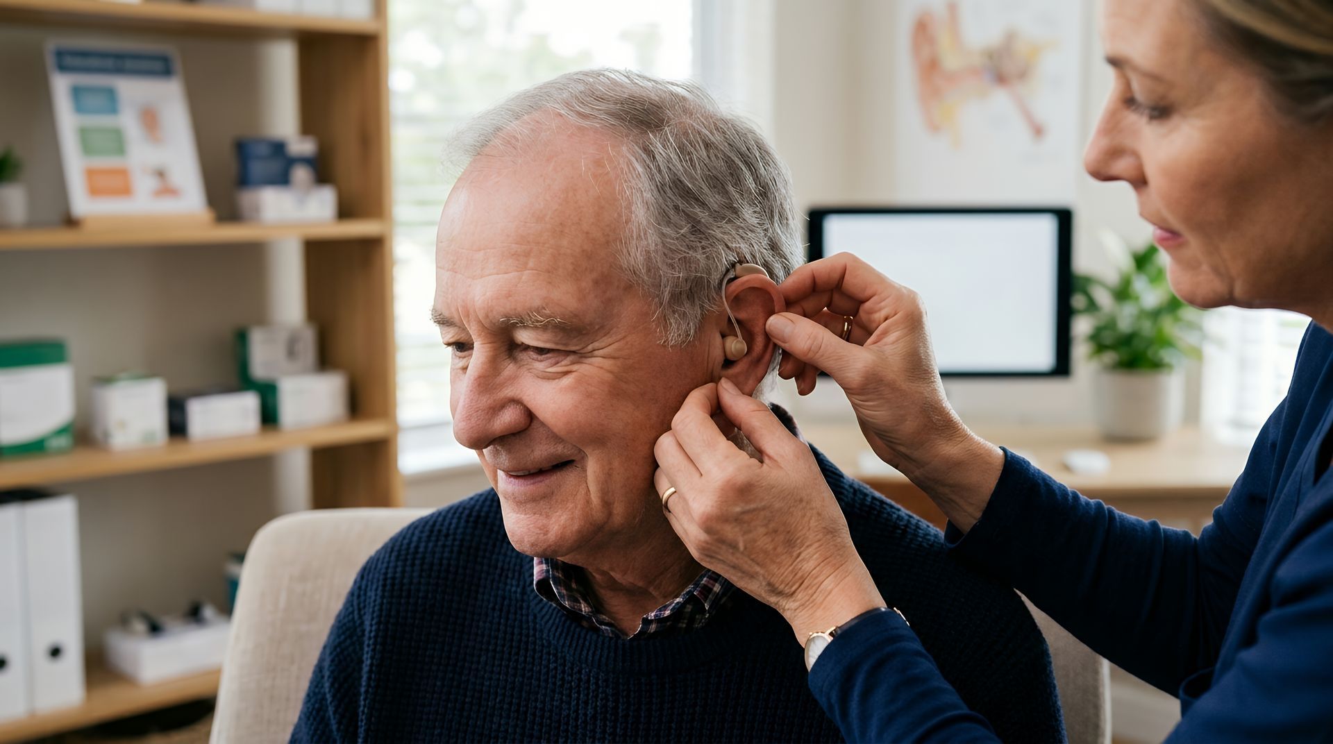 Audiologist adjusting a modern hearing aid for an elderly man in a medical clinic office. Audiologist adjusting a modern hearing aid for an elderly man in a medical clinic office.