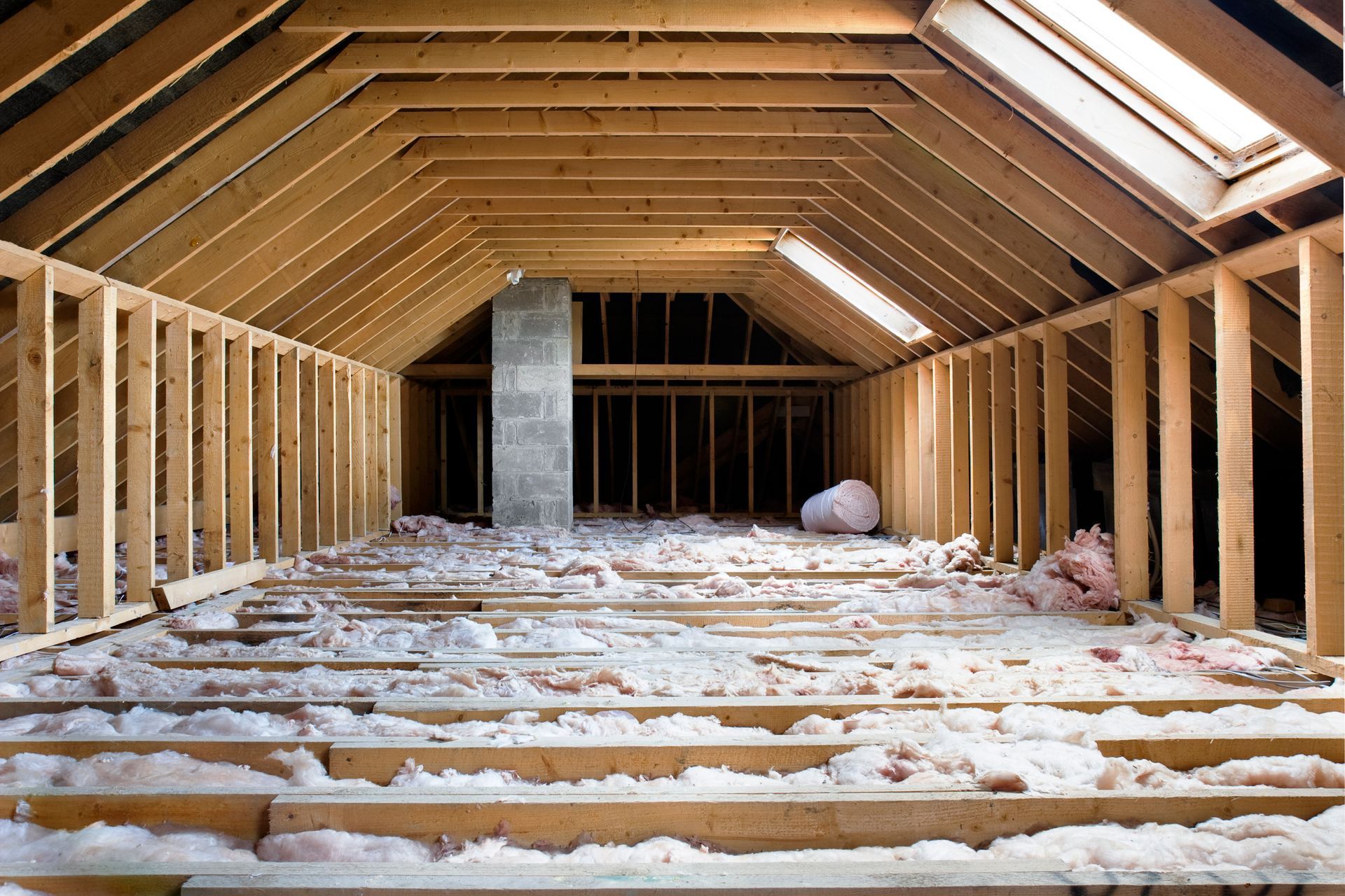 Attic under construction with exposed wooden framing, insulation, and unfinished floorboards