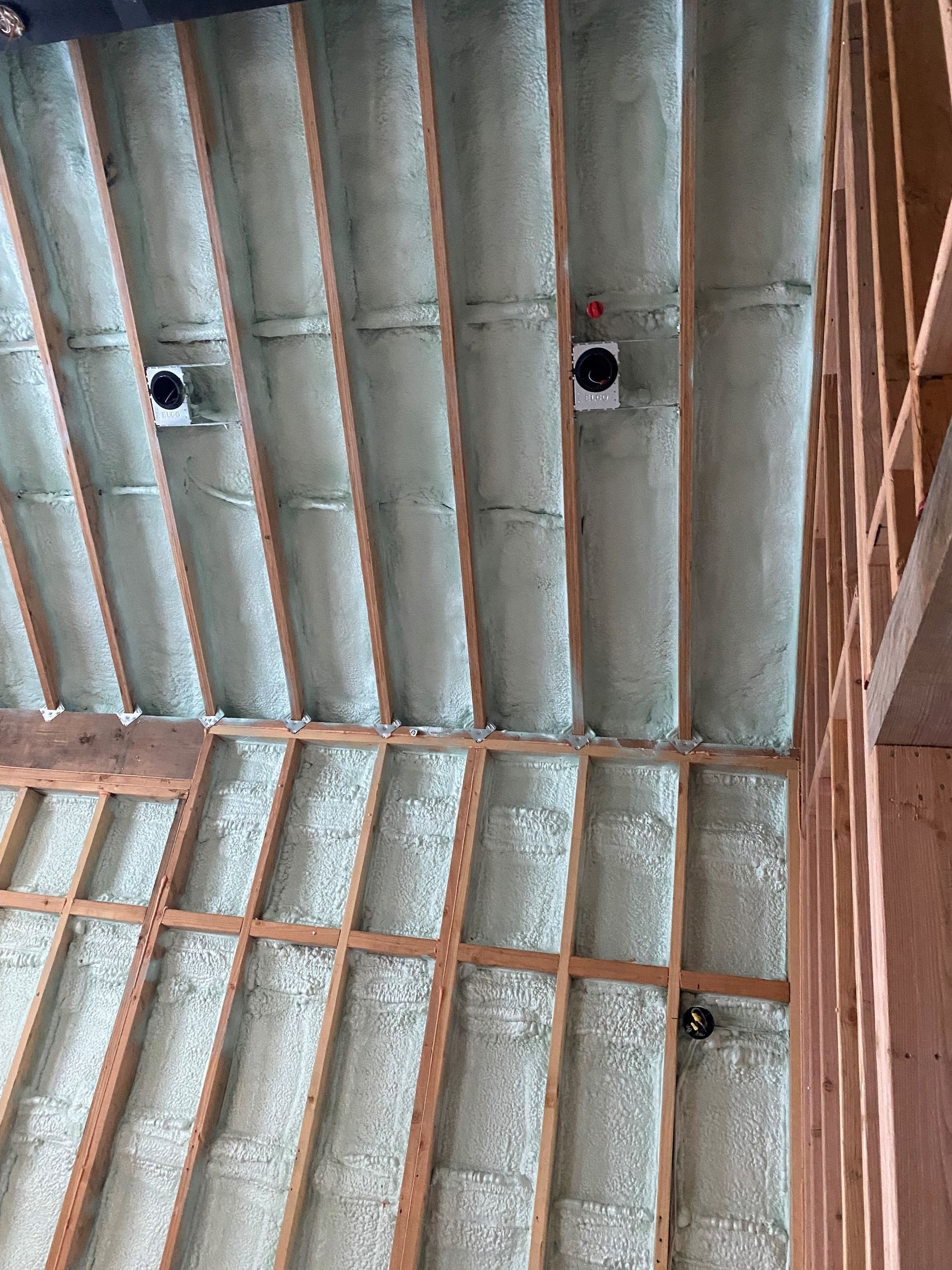 Ceiling view with exposed wooden beams, insulation, and two recessed lights.