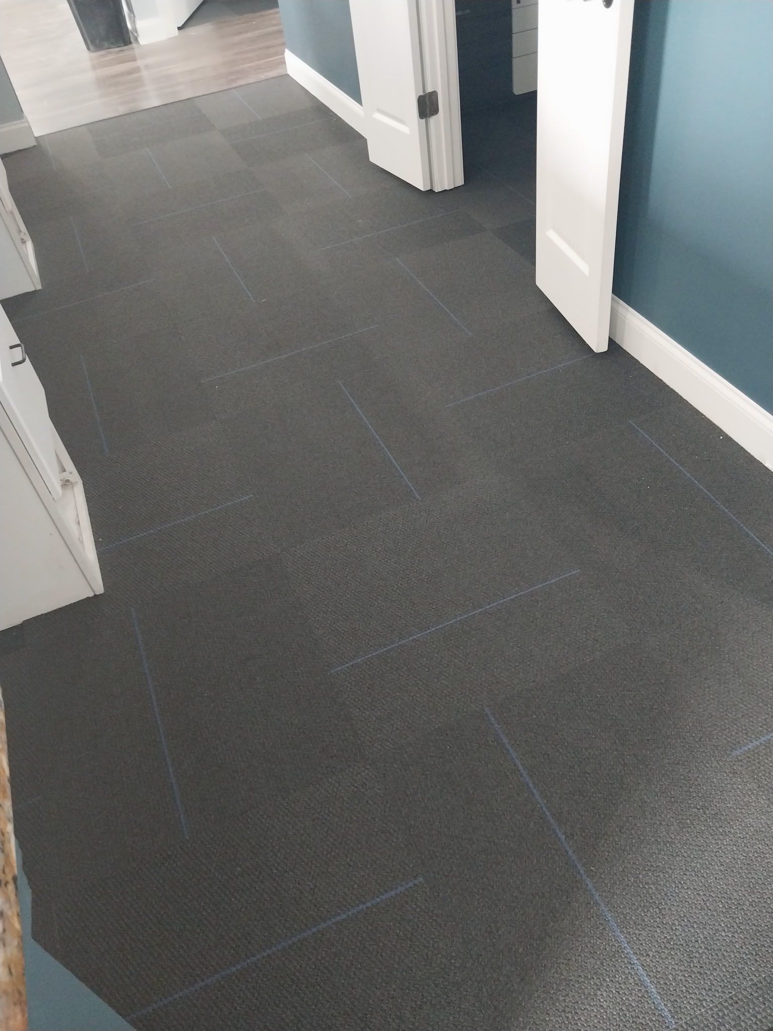 A hallway with a black carpeted floor and blue walls.