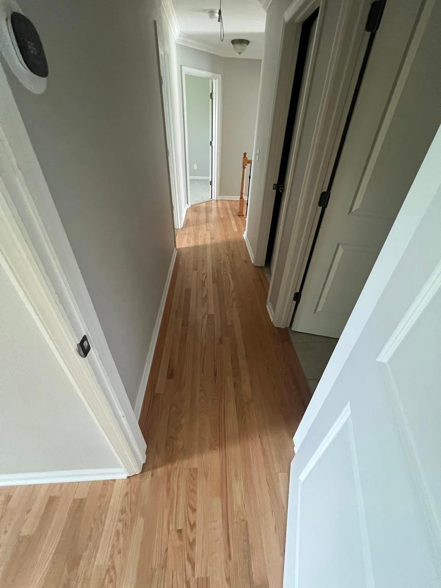 A hallway with hardwood floors and white doors in a house.