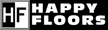 The logo for happy floors is white on a black background.