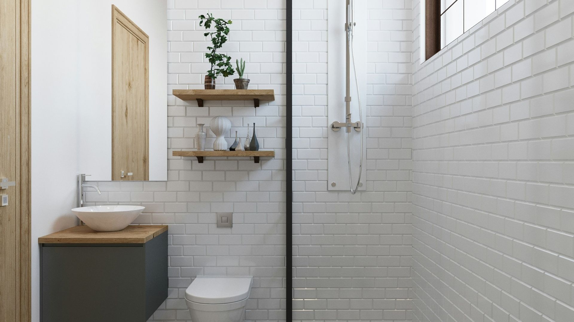 A bathroom with a toilet , sink , mirror and shower.
