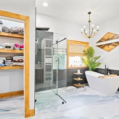 Modern bathroom with a walk-in shower, freestanding tub, and a closet.