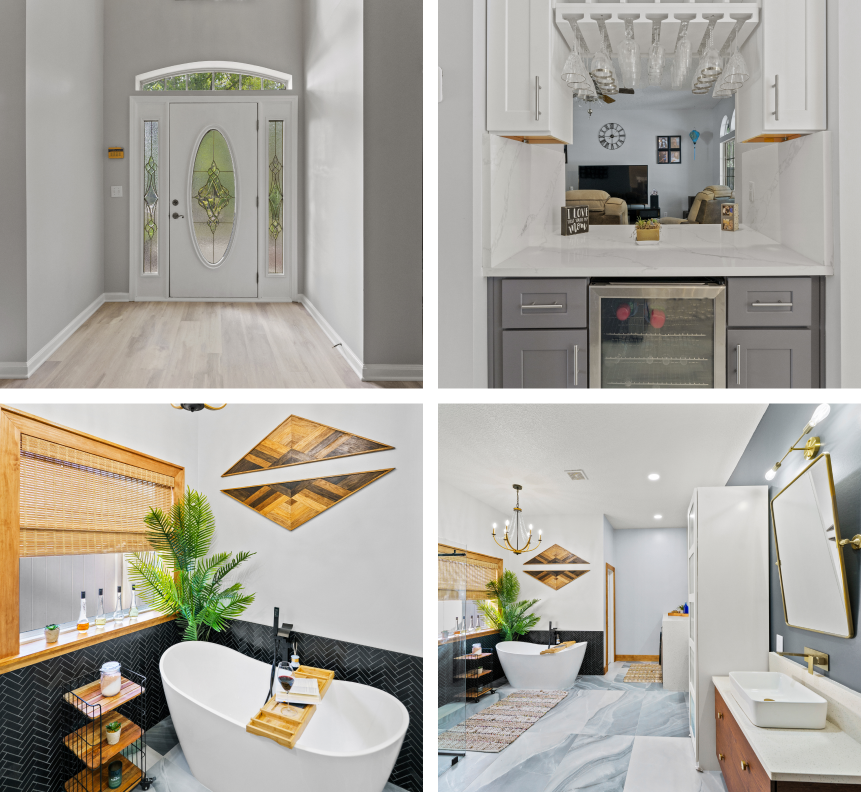 a bathroom with a bathtub and a sign that says love you