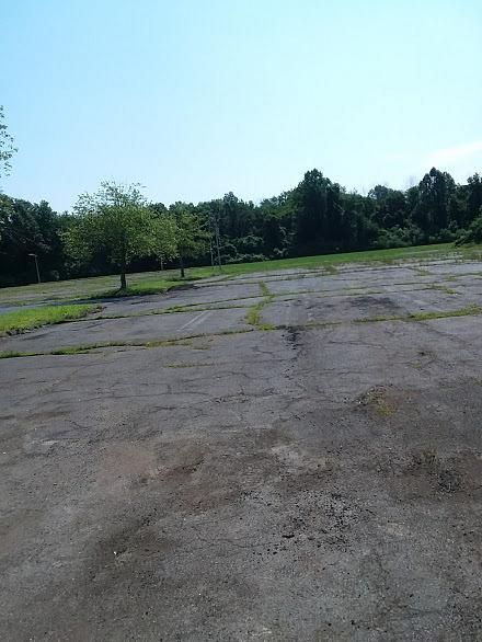 Empty cracked asphalt lot beside a tree line under a clear blue sky